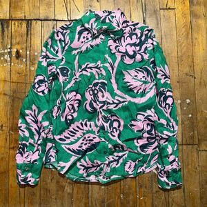 Boden Sienna Shirt Top Women Petite 2 Green Floral Linen Long Sleeve Button Down